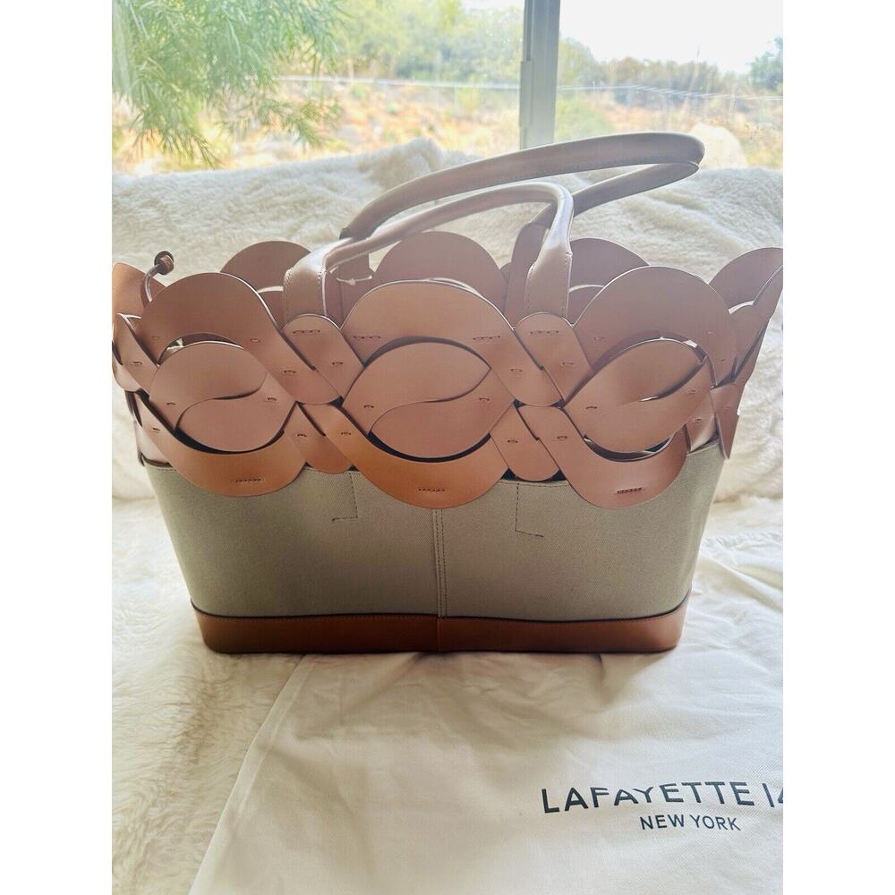 $1698 NWT LAFAYETTE 148 NEW YORK CALFSKIN LEATHER CANVAS 8 KNOT TOTE LARGE BROWN